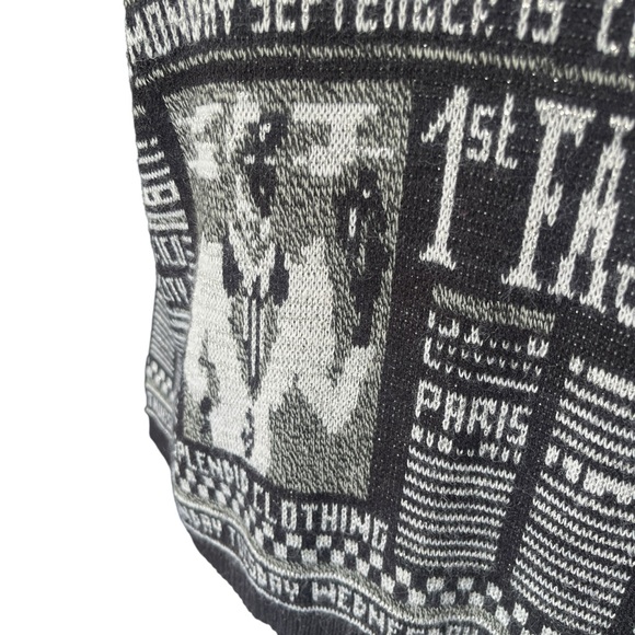 Vintage Newspaper Print Pullover Sweater Crew Neck Metallic Lurex Black White - Picture 5 of 8